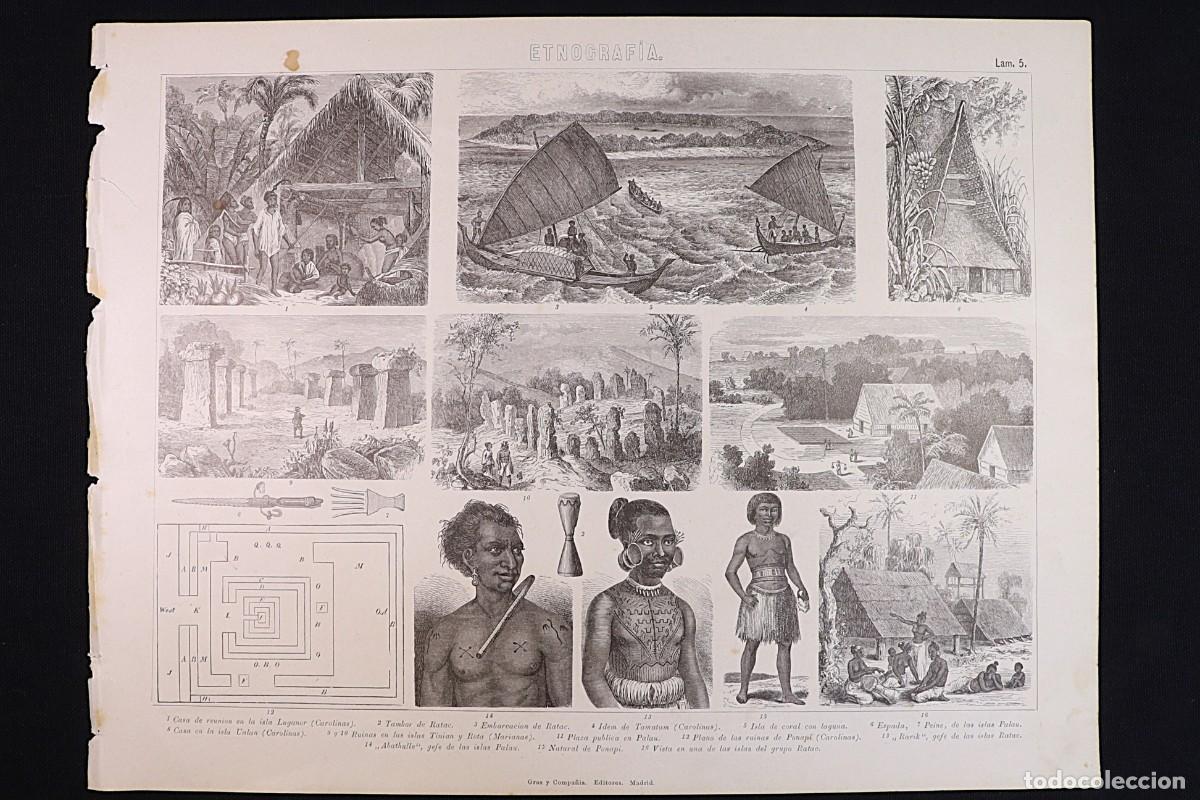 Arte: Grabado Etnograf&iacute;a 5. Ratac, Ualan, Palau, Ponapi. Ethnography Engraving 5