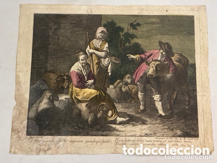 Arte: Grabado antiguo coloreado a mano de Karel Dujardin, grabado por Jean Moyreau (ca. 1730&ndash;1760)