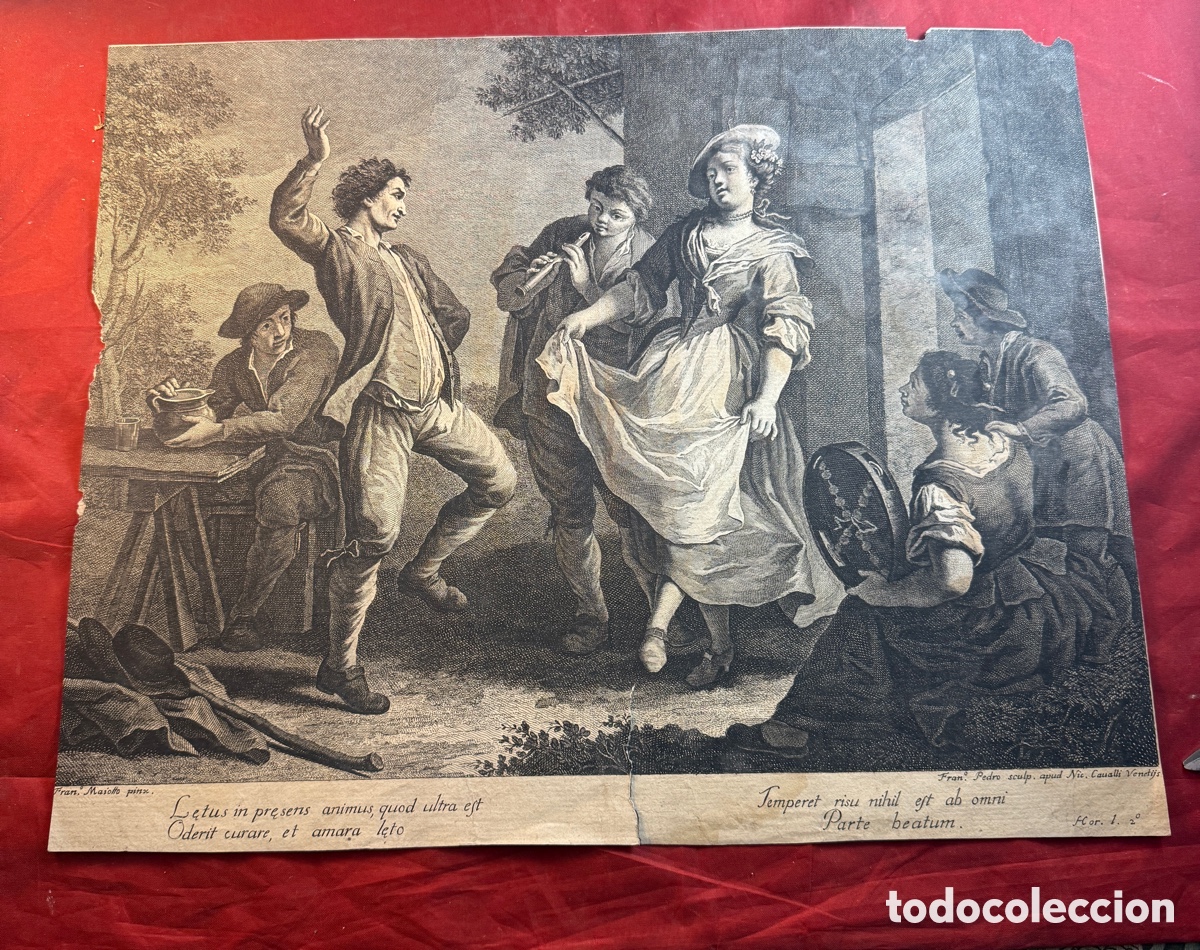 Arte: Grabado veneciano del siglo XVIII &ndash; Escena de baile popular con m&uacute;sicos &ndash; Francesco Maiotto