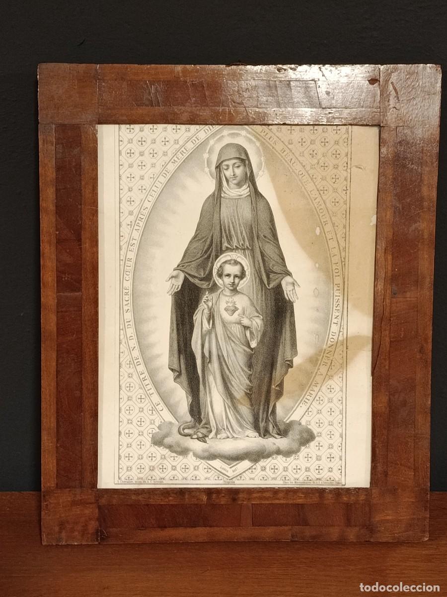 Arte: ANTIGUO GRABADO SAGRADO CORAZ&Oacute;N DE JES&Uacute;S NI&Ntilde;O Y VIRGEN MAR&Iacute;A. S. CHEVALLIER