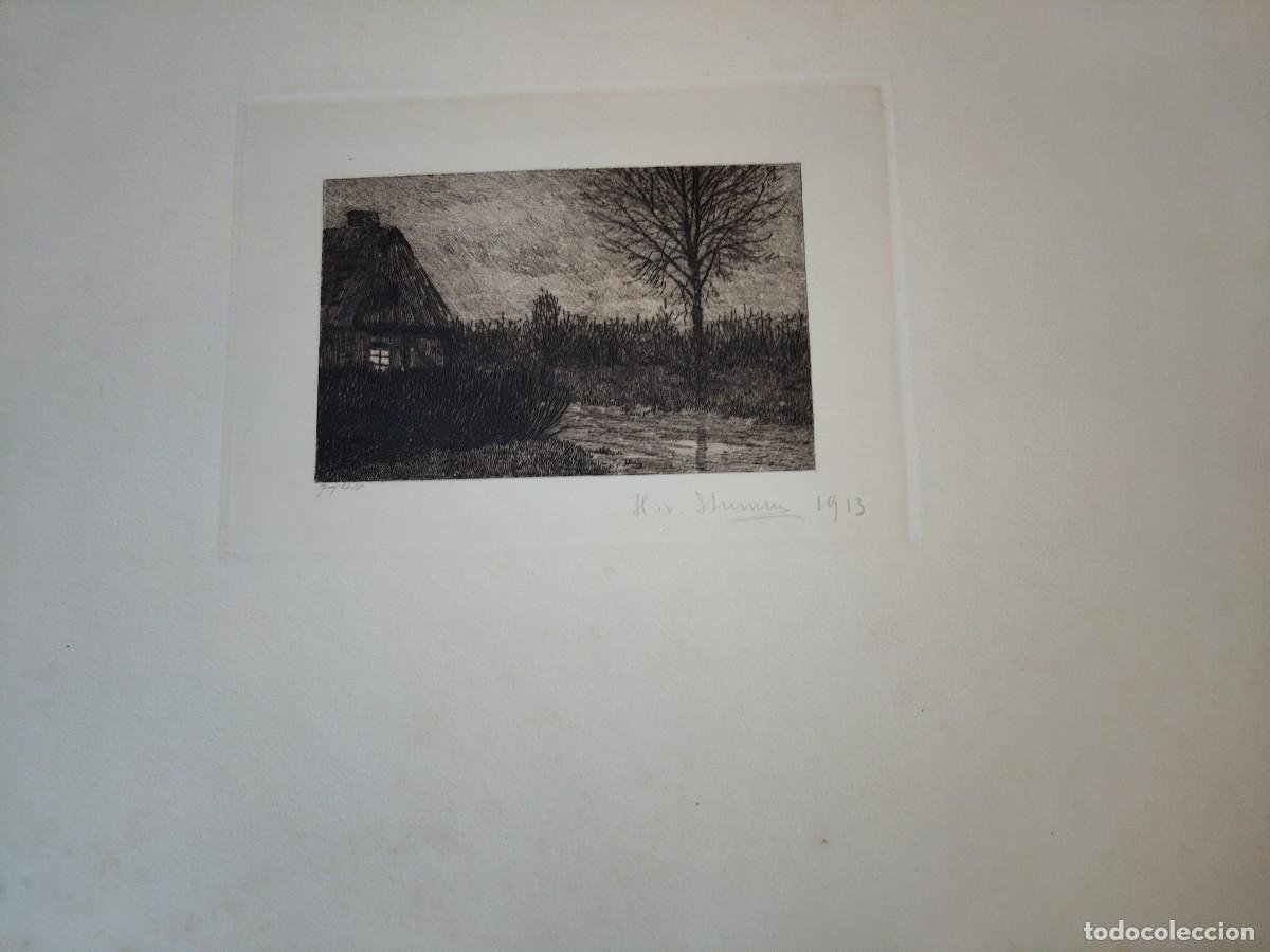 Arte: Escuela Europea Pp SXX Casa junto al r&iacute;o y &aacute;rbol grabado Firmado y fechado 1913