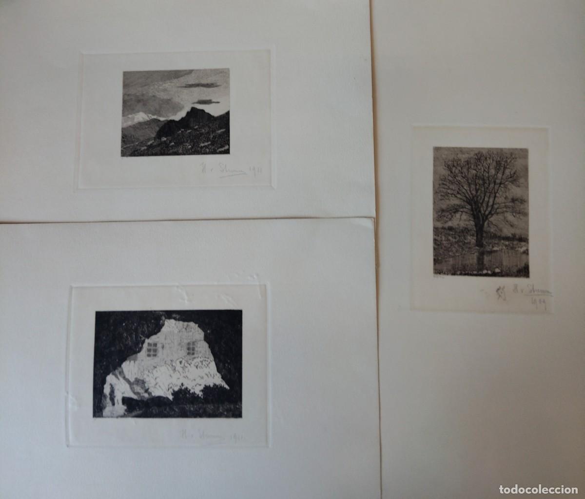 Arte: Escuela Europea Pp SXX Lote de 3 grabados Paisajes firmados y fechados