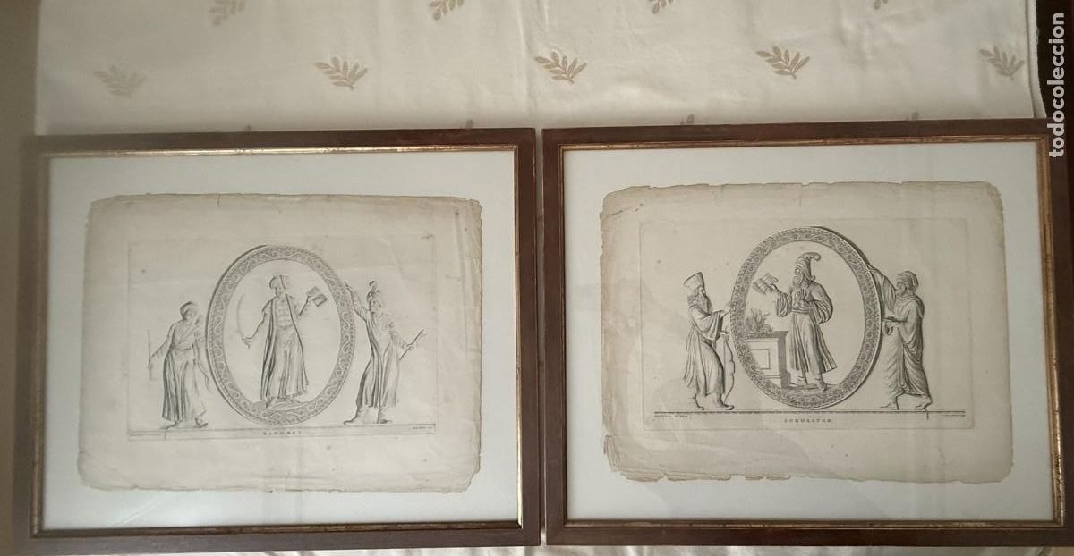 Arte: Pareja de grabados antiguos del siglo XVIII representando a Zoroastro y Mahoma