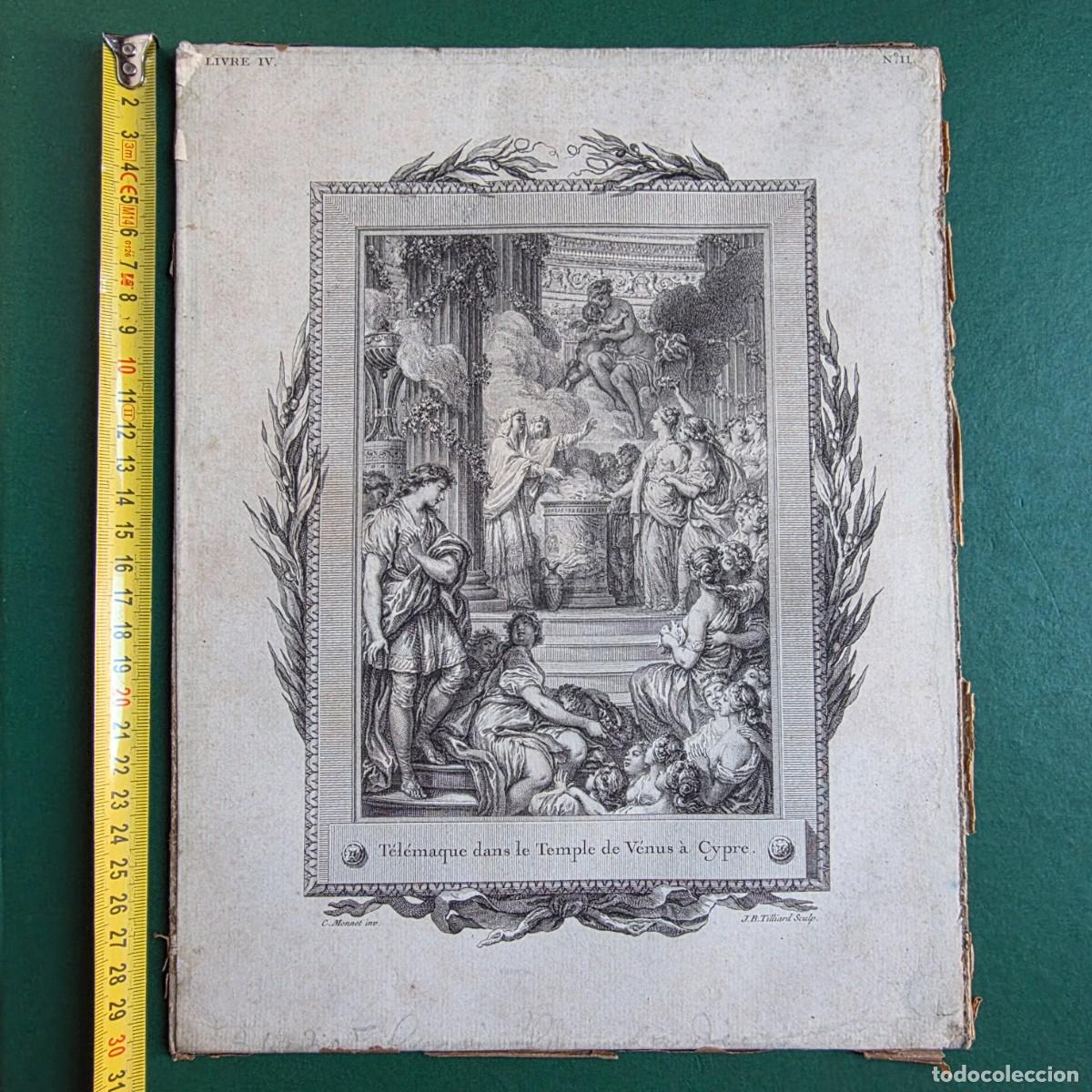Arte: grabado antiguo 33 x 23 del siglo XVIII T&eacute;l&eacute;maque dans le Temple de V&eacute;nus a Cypre