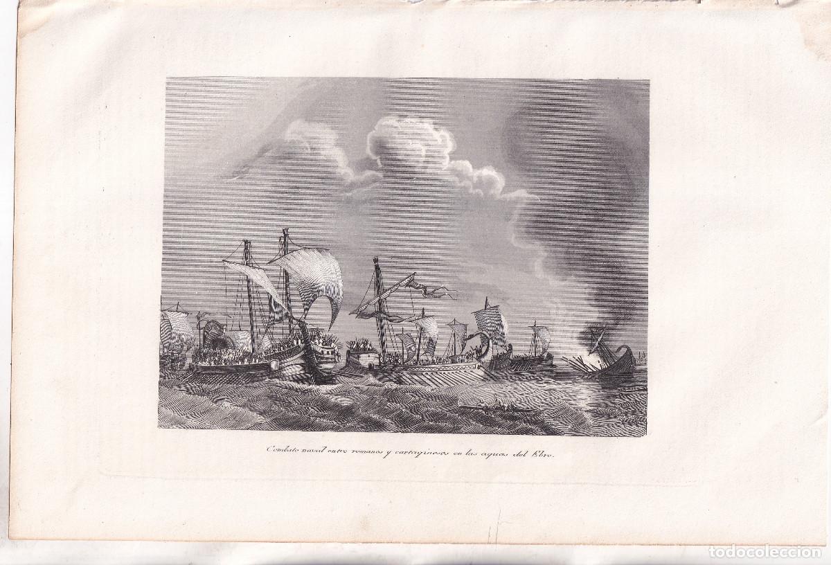 Arte: GRABADO. COMBATE NAVAL ENTRE ROMANOS Y CARTAGINESES EN AGUAS DEL EBRO. 24,5 X 16,5 CM. 1852