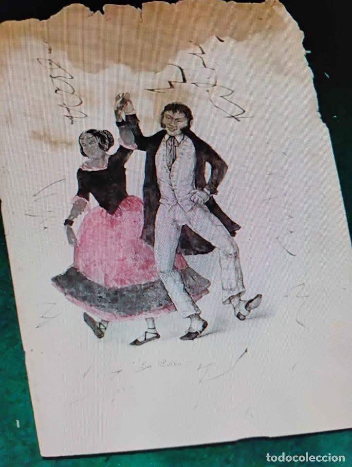 Arte: La Polka, Grabado Antiguo, Rayado y Coloreado - Foto 1