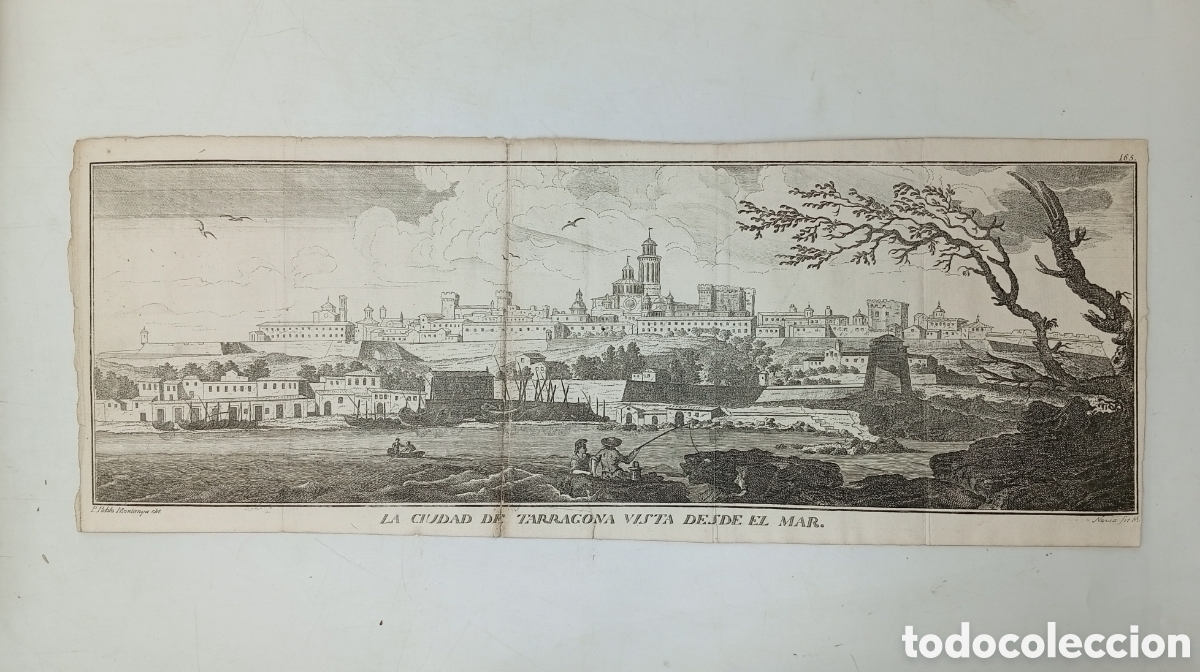 Arte: Mapa grabado panor&aacute;mica ciudad de Tarragona siglo XVIII Antonio Ponz