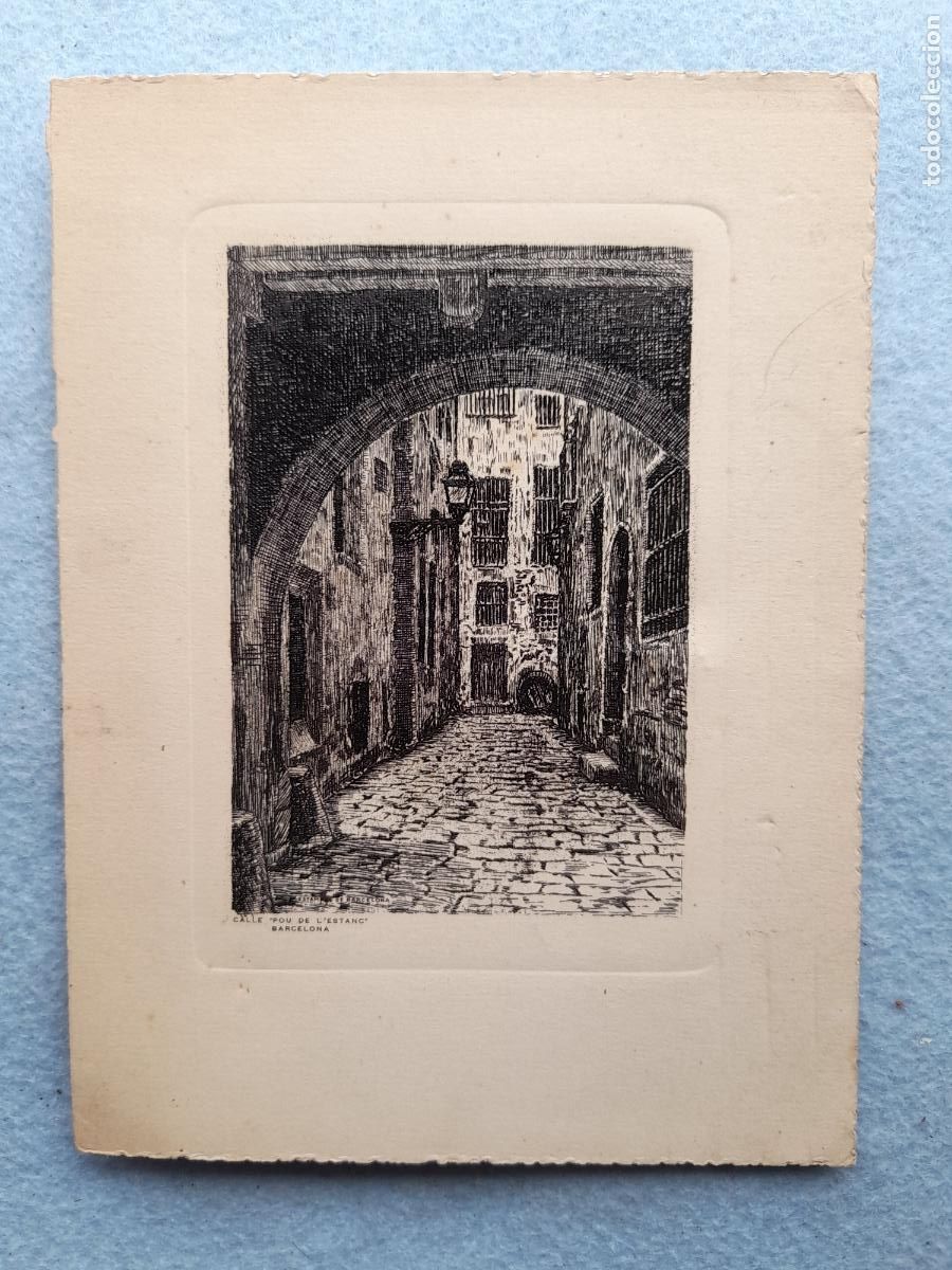 Arte: Grabado antiguo Barcelona. Calle Pou de L&acute;Estanc.
