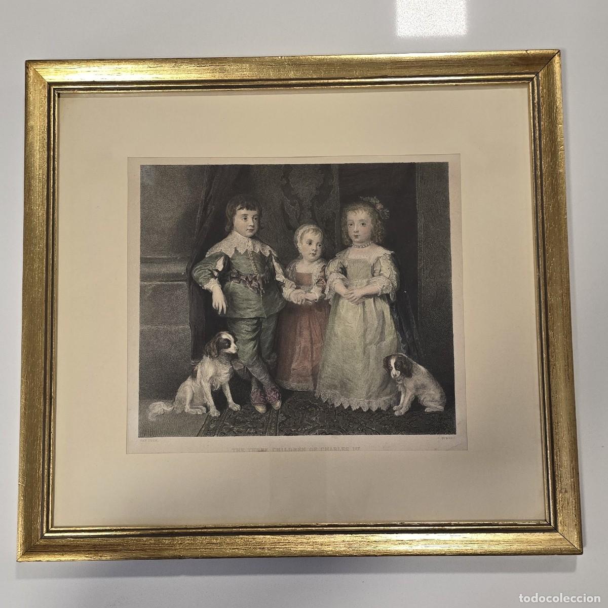 Arte: Grabado antiguo Van Dyck &rdquo;Los tres hijos de Carlos I&rdquo; (J. Burnet, s. XIX, coloreado a mano, marco)