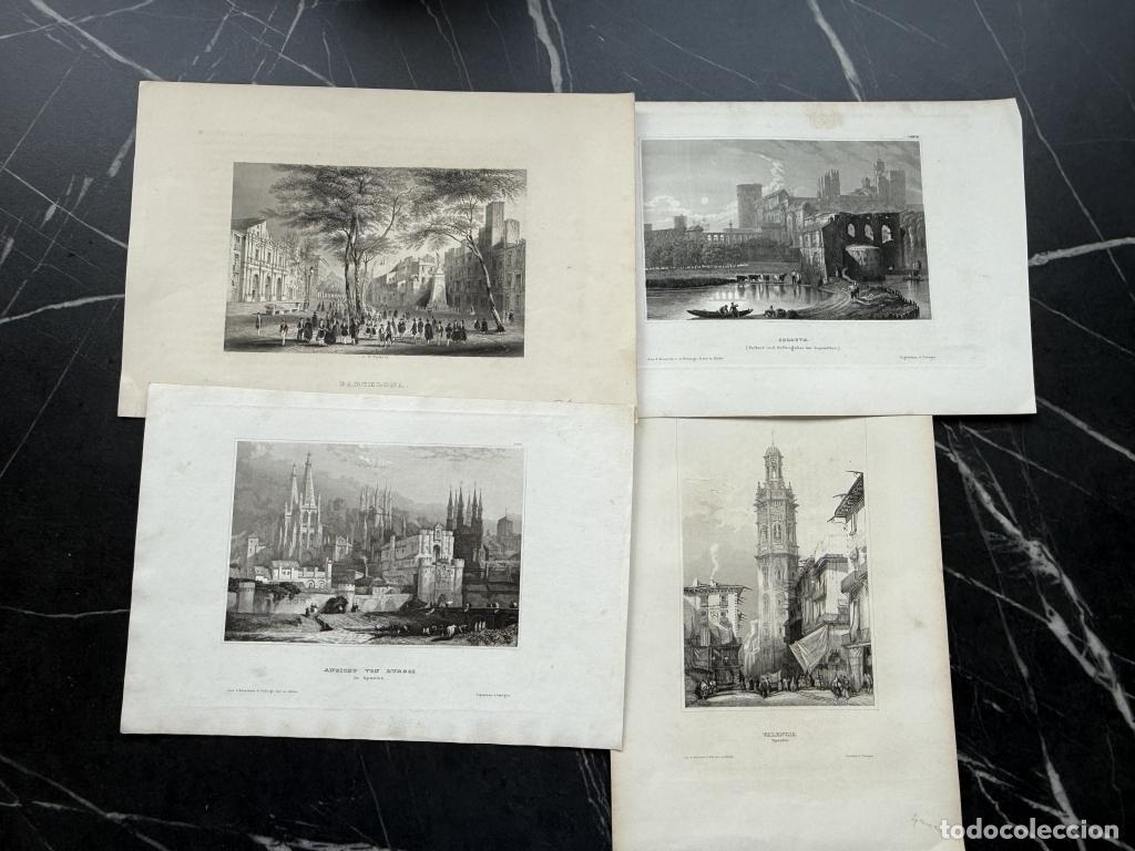 Arte: Cuatro vistas de Barcelona, Burgos, Valencia y C&oacute;rdoba (Espa&ntilde;a), hacia 1850. Varios autores
