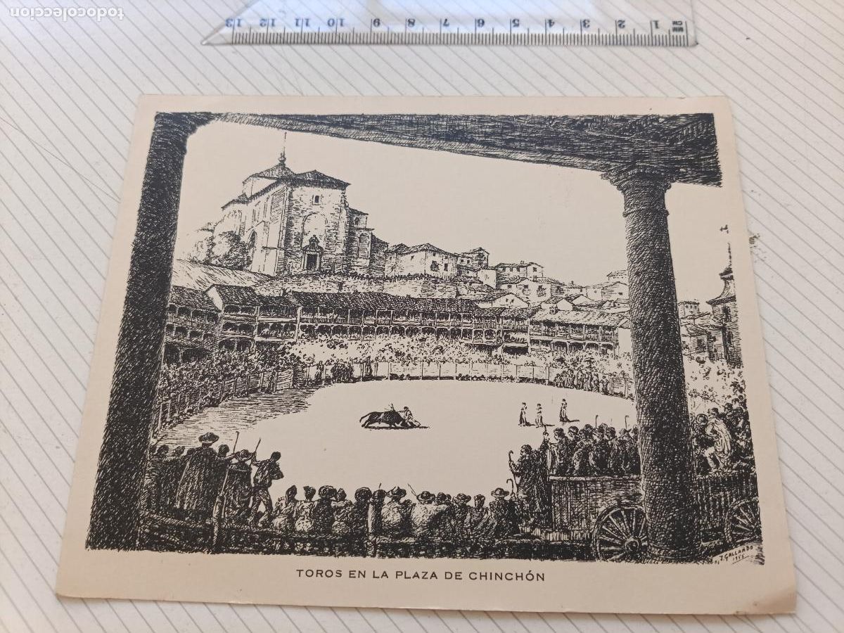 Arte: Grabado a&ntilde;os 50. Dedicado por el autor J. Gallardo. 1956 Chinch&oacute;n, toros