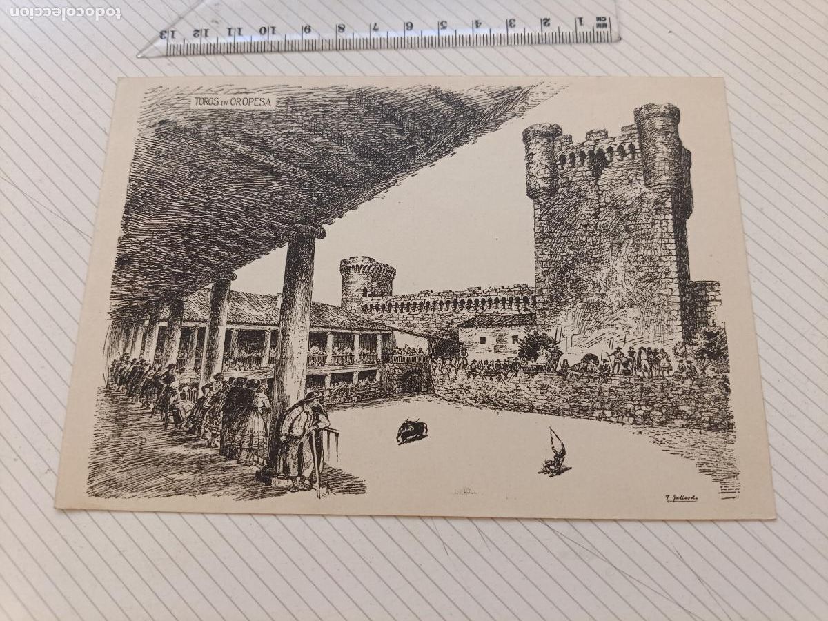 Arte: Grabado a&ntilde;os 50. J. Gallardo. Toros en Oropesa. Dedicado por el autor