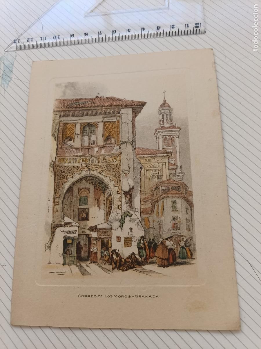 Arte: Granada. Correo de Los Moros. Grabado, dedicatoria Banco de Bilbao 1949