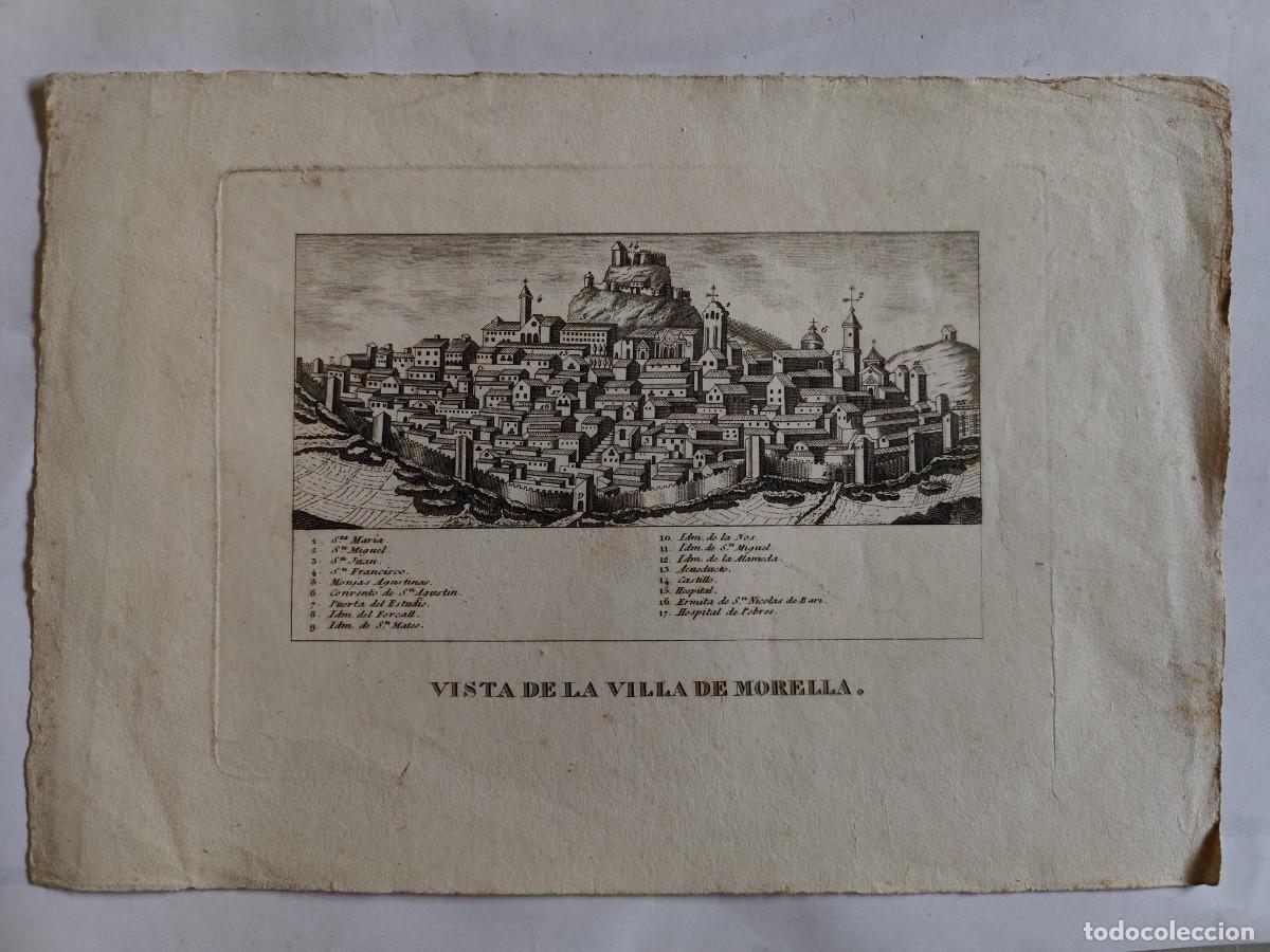 Arte: VISTA DE LA VILLA DE MORELLA - GRABADO FINALES S. XVIII - PAPEL VERJURADO CON MARCA DE AGUA