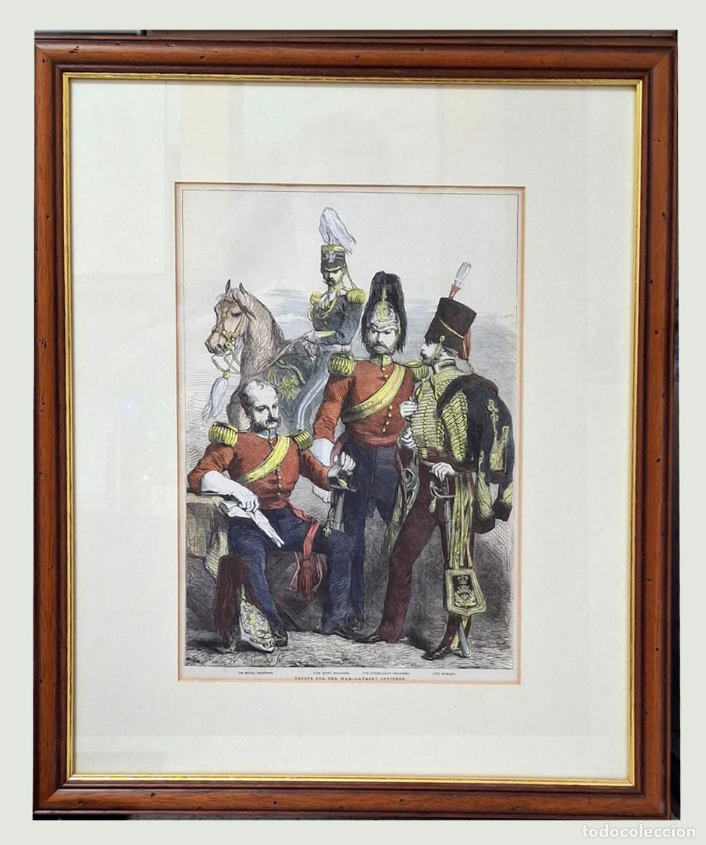 Arte: Grabado coloreado de oficiales de Prusia, Troops for the War - Cavalry Officers, Guerra de Crimea