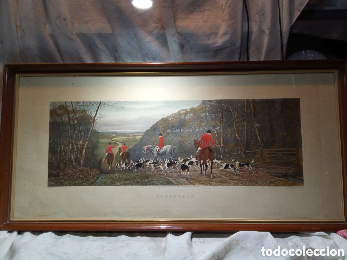 Arte: GRAN GRABADO PINTADO ESCENA INGLESA DE CAZA O SIMILAR ENMARCADO