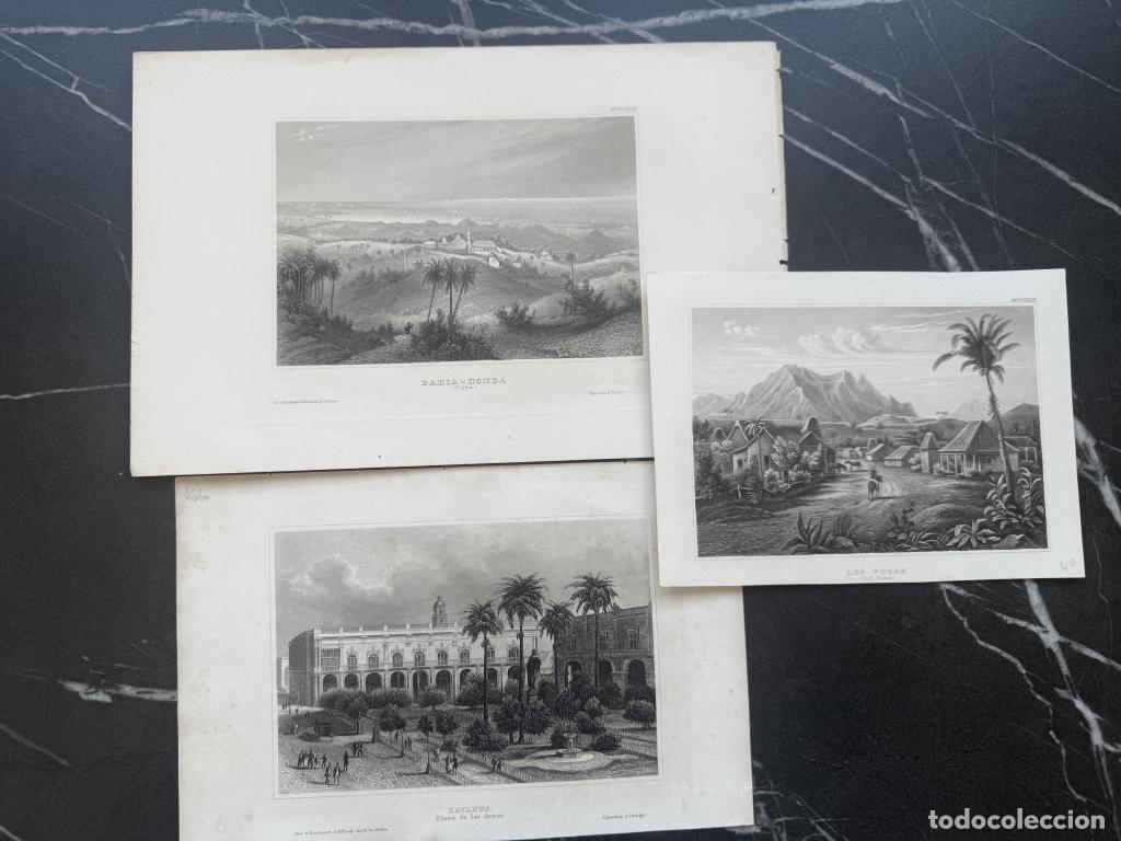 Arte: Tres vista de la isla de Cuba (Mar caribe, Am&eacute;rica), hacia 1850. Biograf. Inst