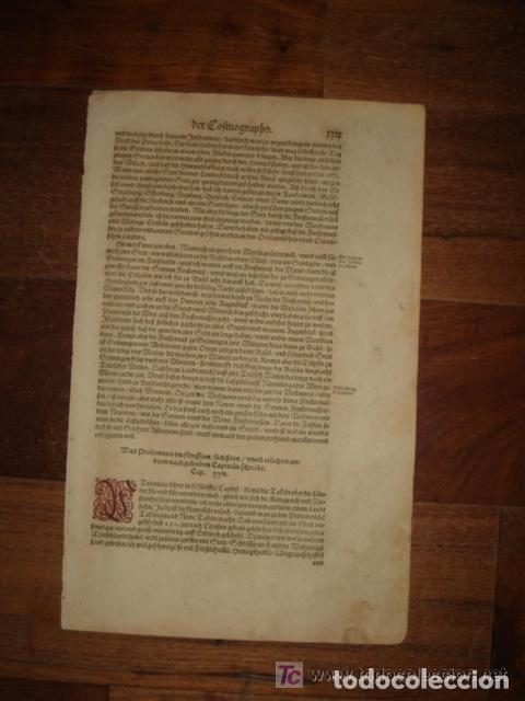 Arte: HOJA COSMOGRAPHIA UNIVERSAL LETRA CAPITULAR COLOREADA , ORIGINAL, MUNSTER ,1572,