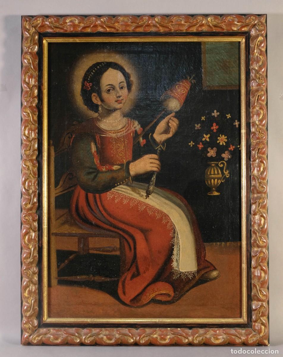 Arte: &Oacute;LEO SOBRE LIENZO MUJER HILANDO ESCUELA ESPA&Ntilde;OLA O PORTUGUERA SIGLO XVIII