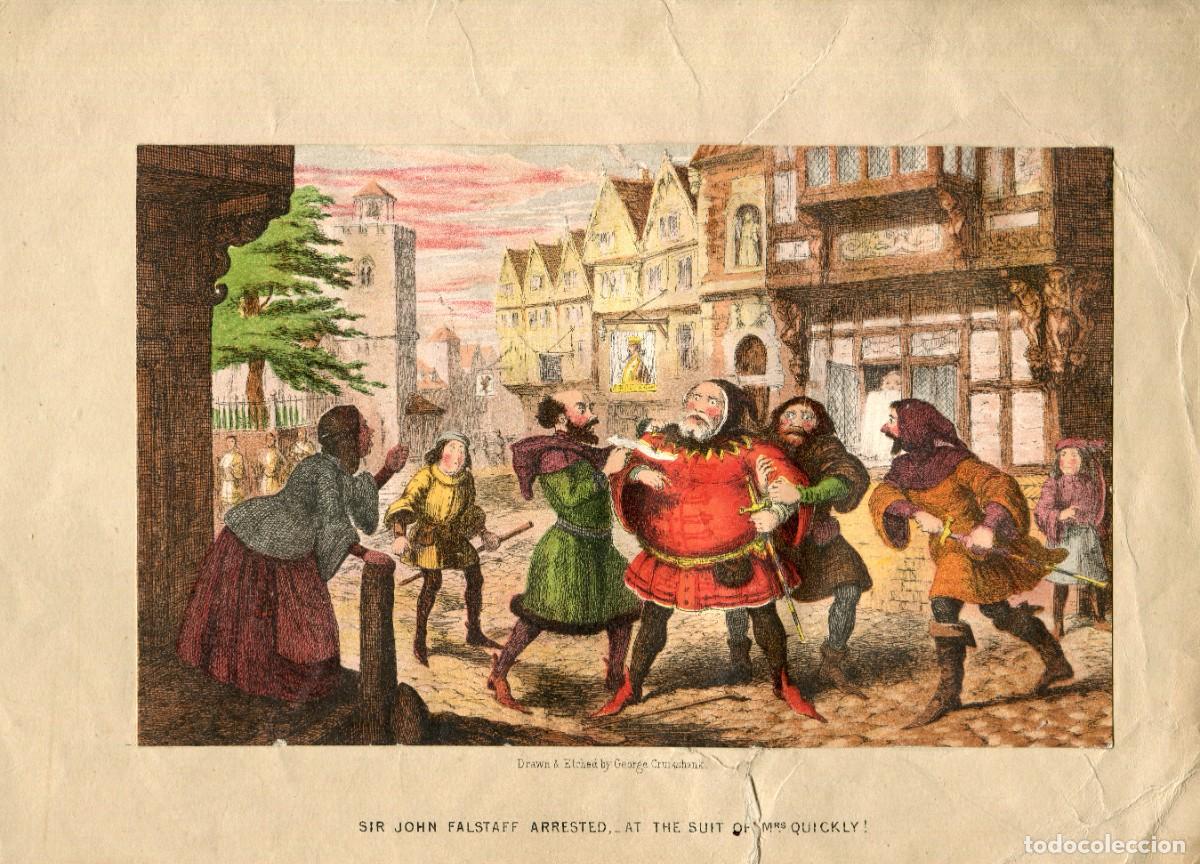Arte: Sir John Falstaff arrest. Dibujado y grabado por George Cruikshank