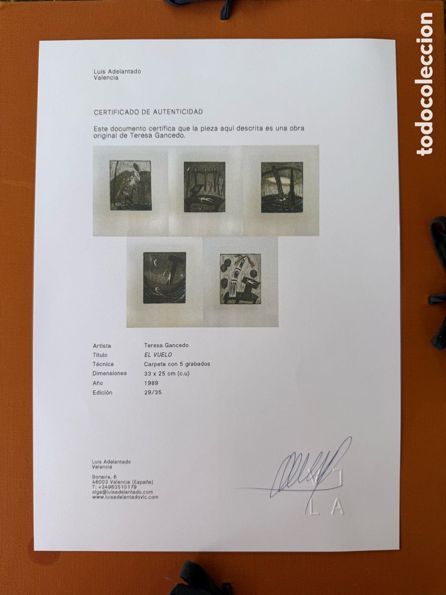 Arte: Teresa Gancedo &ndash; Carpeta completa &ldquo;AL VUELO&rdquo; (1989) &ndash; 5 grabados originales &ndash; Edici&oacute;n 29/35