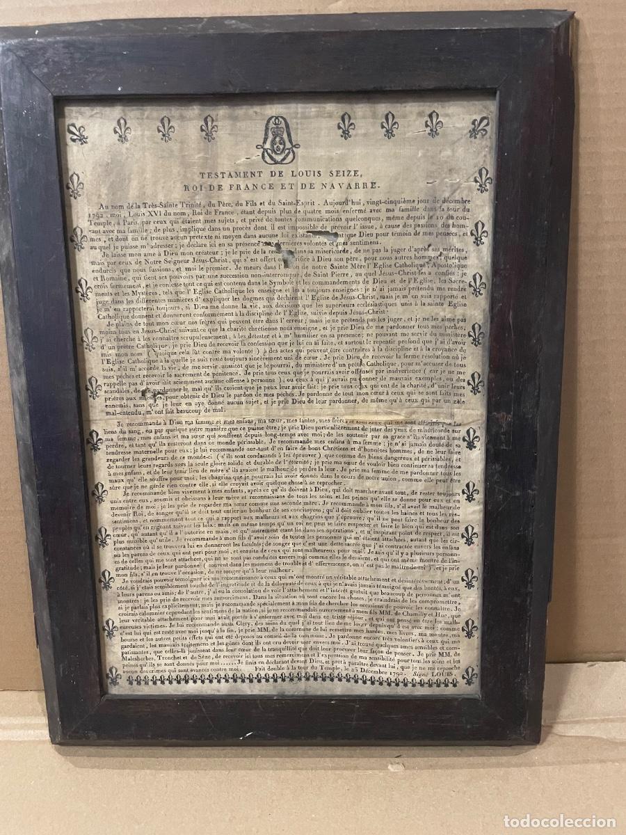 Arte: ANTIGUO GRABADO SOBRE SEDA S. XVIII CON SU MARCO TESTAMENT DE LUIS SEIZE ROI DE FRANCE ET DE NAVARRE