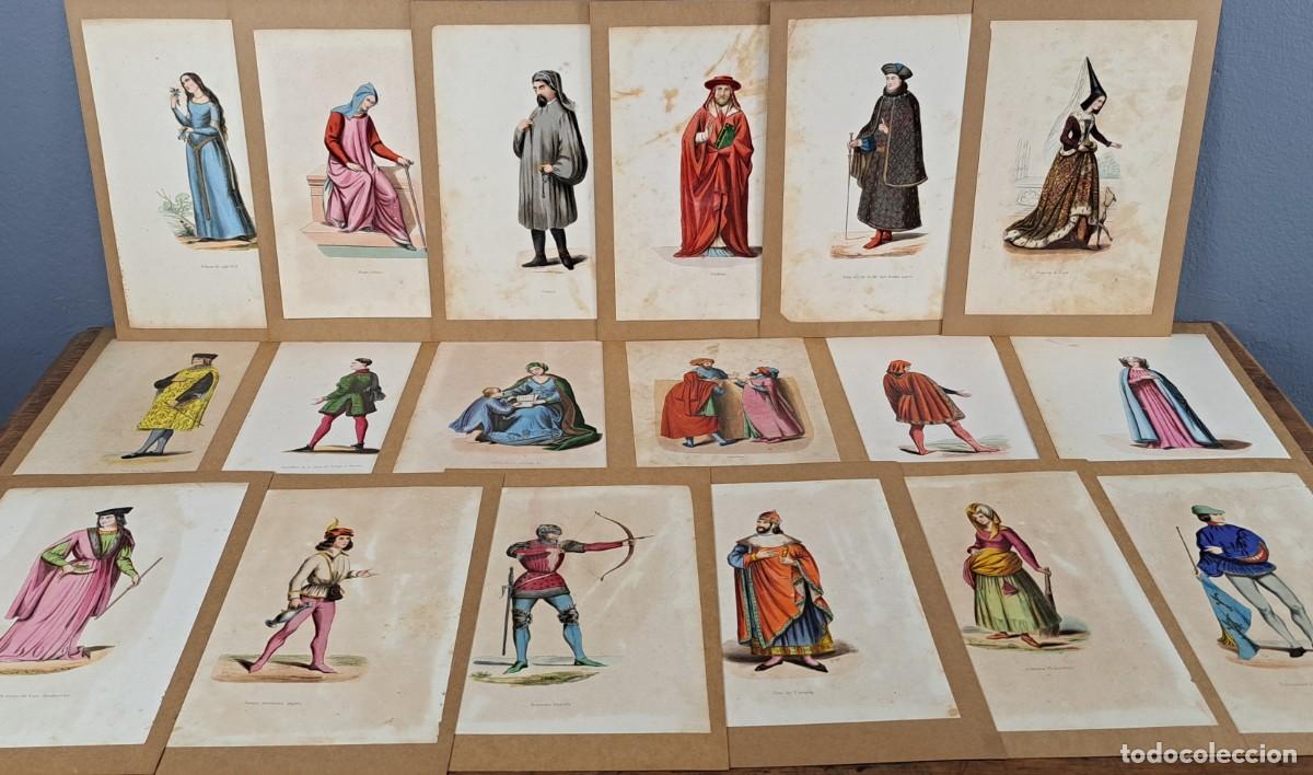 Arte: 27 grabados coloreados a mano &ndash; Trajes hist&oacute;ricos &ndash; Siglo XIX