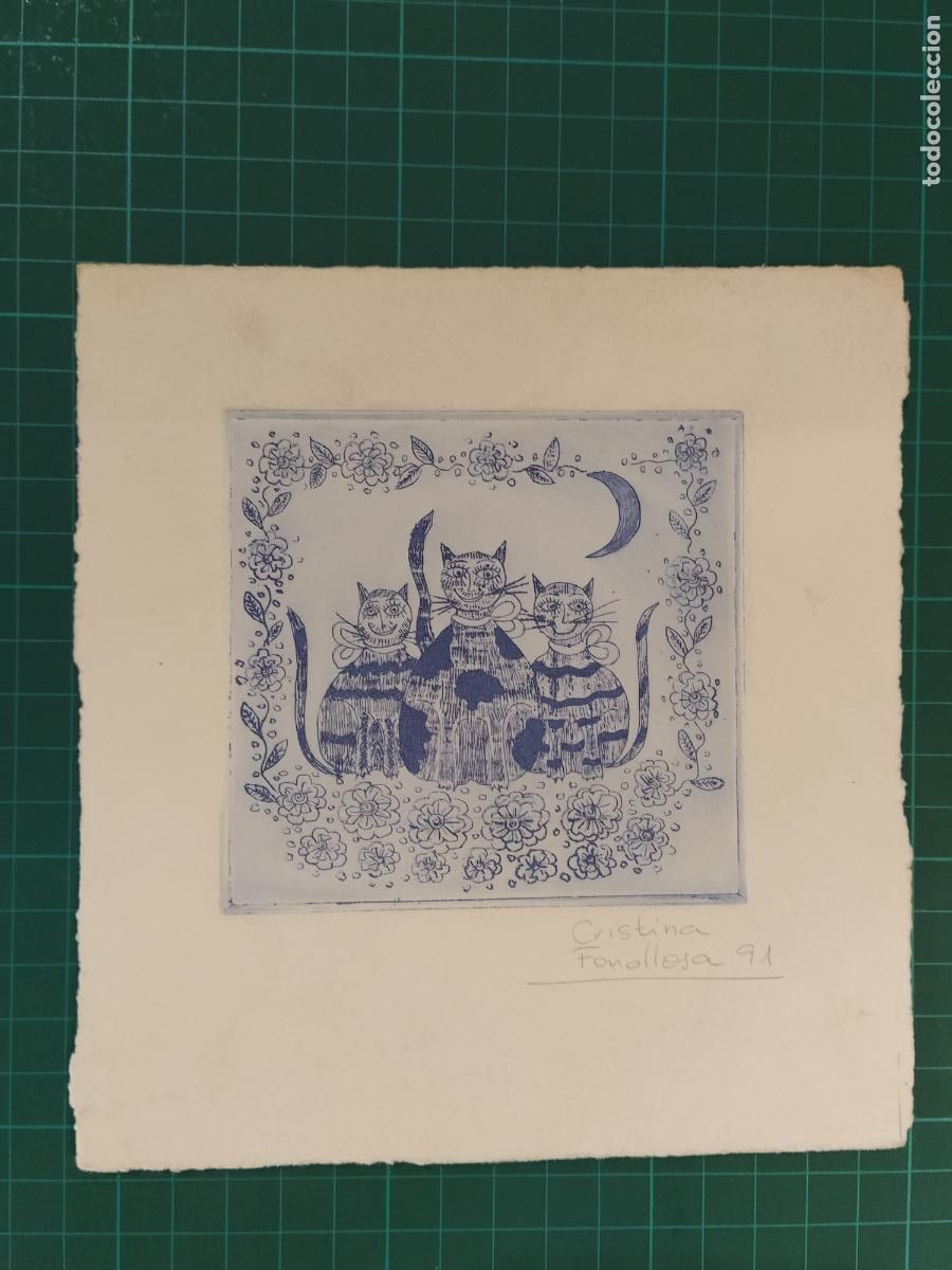 Arte: CRISTINA FONOLLOSA - LOS 3 GATOS - GRABADO FIRMADO A LAPIZ -VER FOTOS-(K-15.402)
