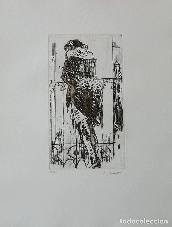 Arte: Ignasi Mund&oacute;. Grabado &rdquo;En el balc&oacute;n&rdquo;. Aguafuerte. Firmado a mano. Numerado 29/50. 1983. 46x35 cm.