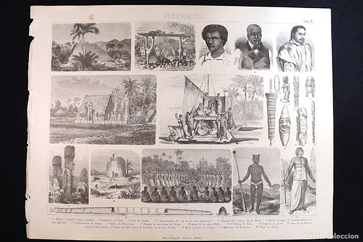 Arte: Grabado Etnograf&iacute;a 7. Fidji, Taiti, Hawaii, Tonga. Engraving Ethnography 7. Fiji, Taiti, Hawaii.