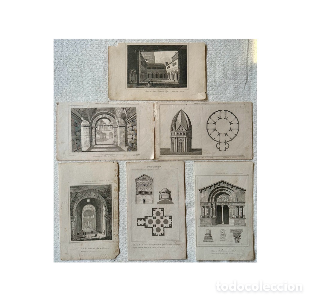 Arte: Mediados del siglo XIX, lote de 6 grabados de arquitectura cl&aacute;sica Francesa.