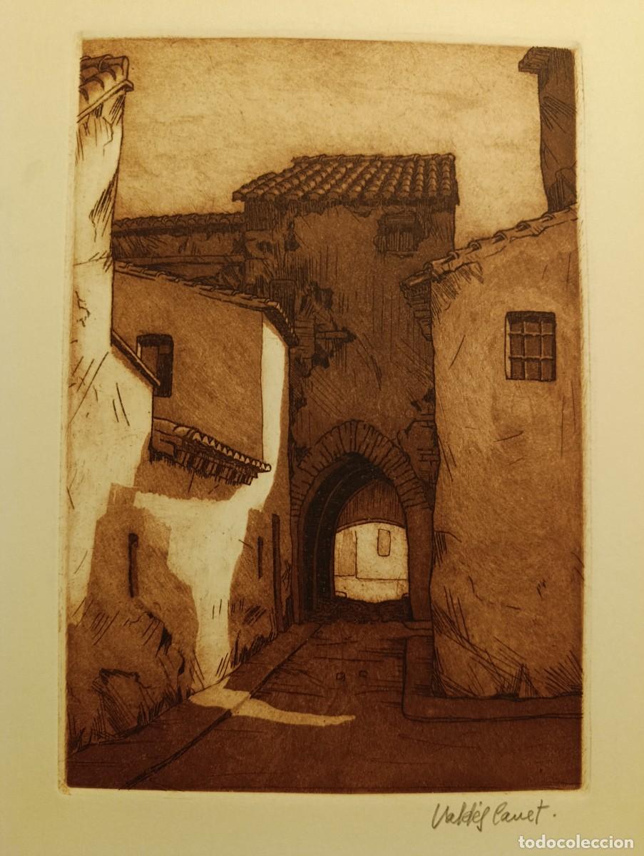 Arte: Grabado al aguafuerte y otras t&eacute;cnicas, Casas de pueblo con portal arqueado, obra de Vald&eacute;s Canet