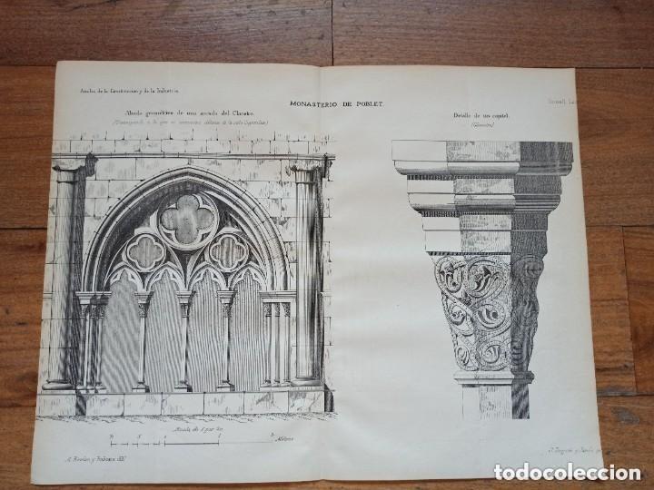 Arte: GRABADO ARQUITECTURA, ALZADO ARCADA CLAUSTRO MONASTERIO POBLET, CATALU&Ntilde;A, ORIGINAL MADRID,1877