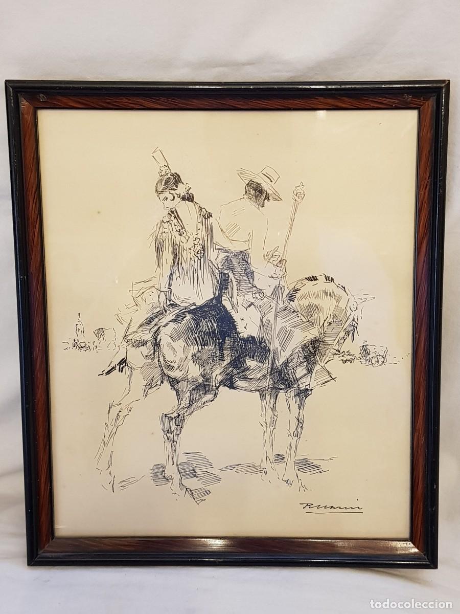 Arte: Dibujo escena de la romer&iacute;a del Roc&iacute;o. Siglo XX. Firmado Ricardo Mar&iacute;n Llovet