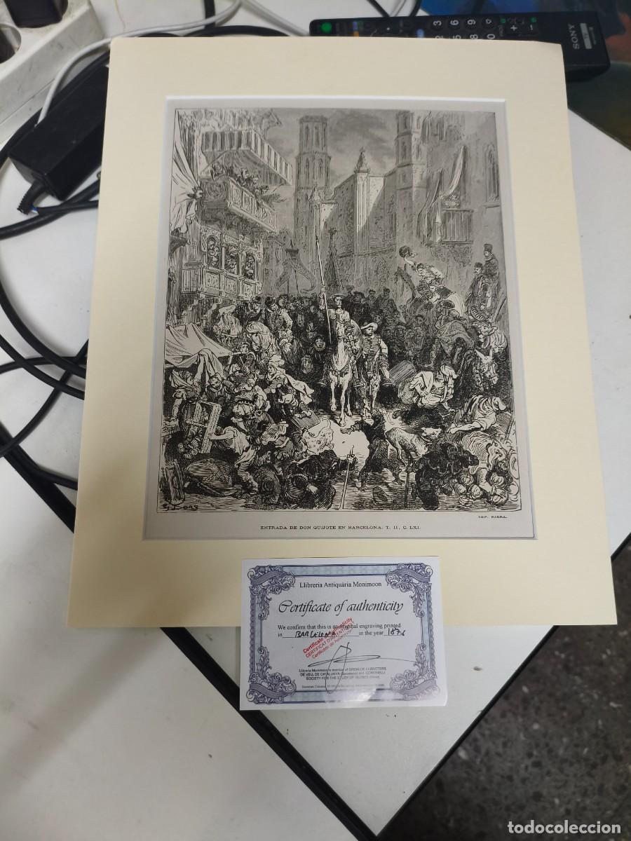 Arte: GRABADO ENTRADA DE DON QUIJOTE EN BARCELONA T. II C. LXI. IMP. RIERA GUSTAVO DORE 1876 CERTIFICADO