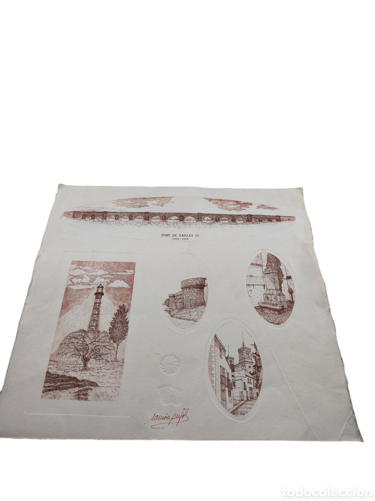 Arte: GRAN L&Aacute;MINA CON CINCO GRABADOS DE MOLINS DE REI (PONT DE CARLES III) - RAM&Oacute;N PUJOL - FIRMADA Y CON S