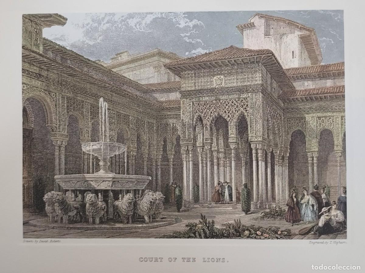 Art: Grabado. Dibujo de DAVID ROBERTS. COURT OF THE LIONS (Granada, Alhambra) (24 x 31 cm) OFFO 1974
