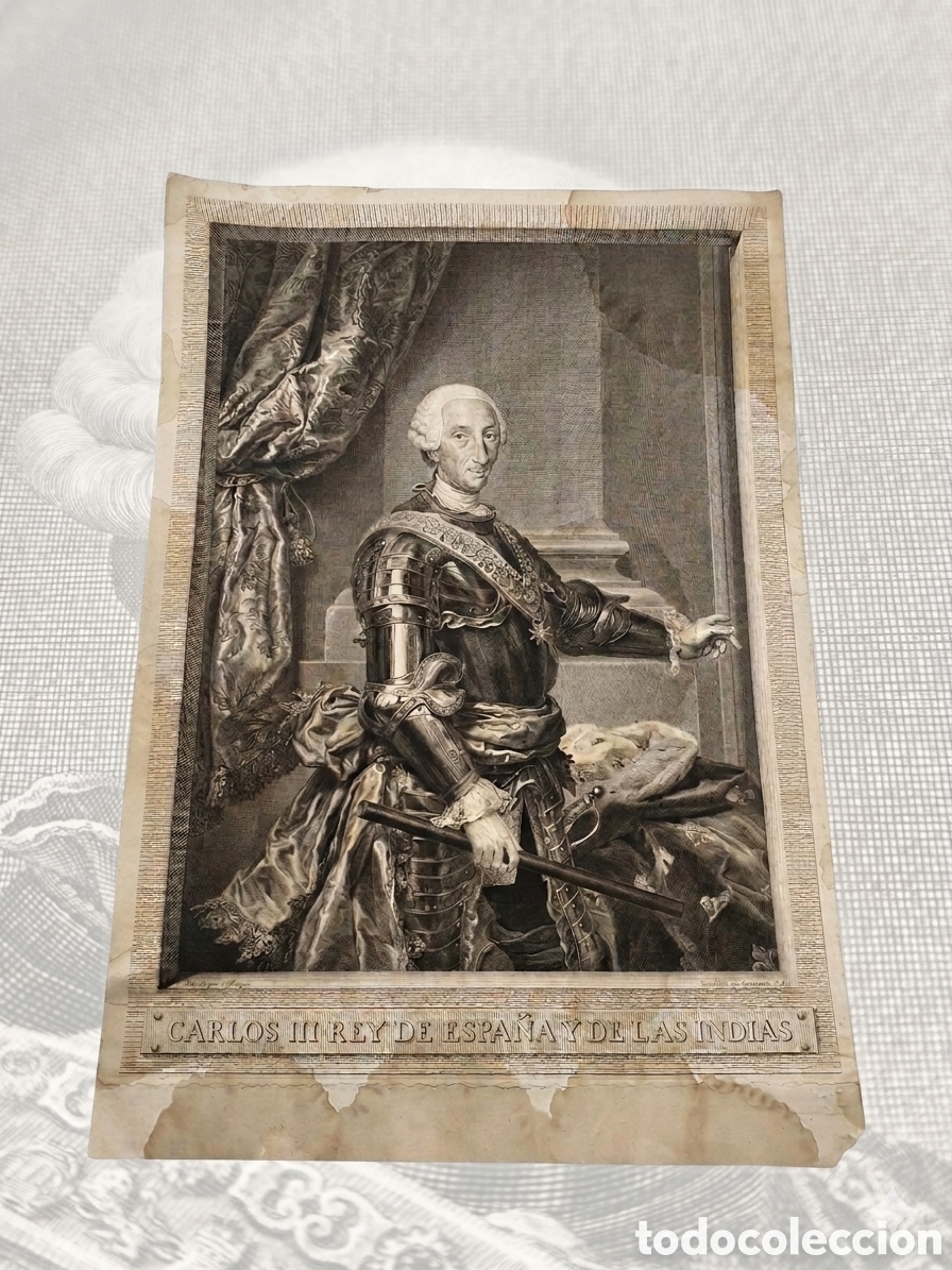 Arte: GRABADO CALCOGR&Aacute;FICO DE CARLOS III CON ARMADURA - MANUEL SALVADOR CARMONA / RAFAEL MENGS - A&Ntilde;O 1783