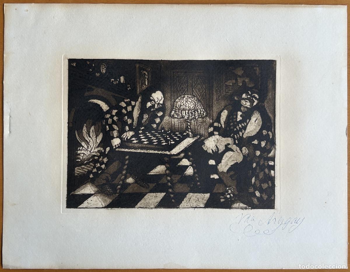 Arte: Josep Aragay i Blanchar. Aguafuerte. &ldquo;Jugadores de ajedrez&rdquo; 32x25 cm Ca. 1950