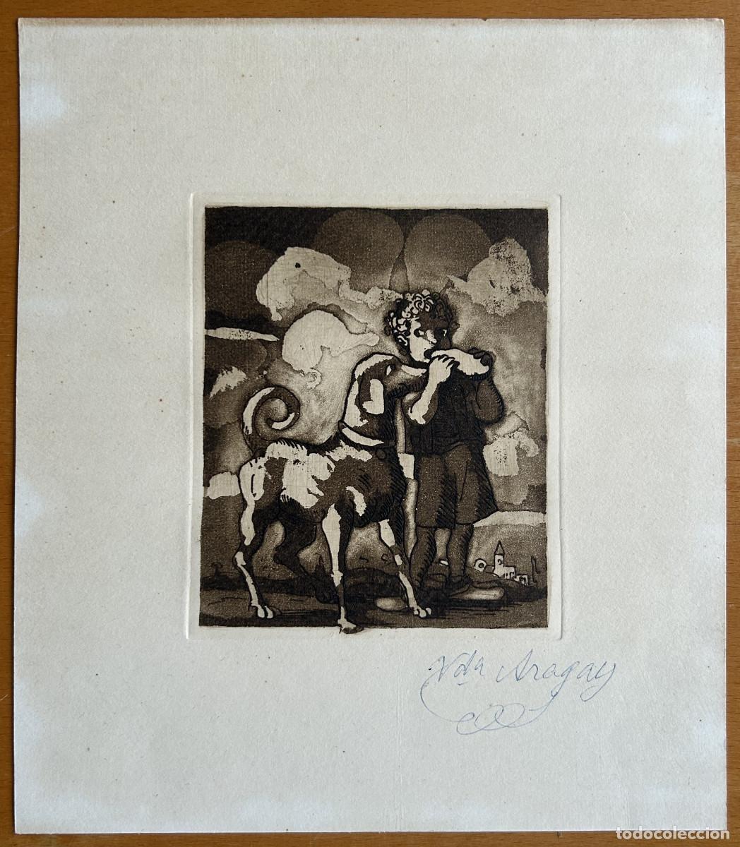 Arte: Josep Aragay i Blanchar. Aguafuerte. &ldquo;la merienda &rdquo; 24,80 x21,50 cm Ca. 1950
