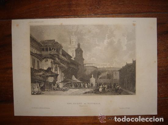 Arte: GRABADO VISTA DE VITORIA, MERCADO, ROBERTS,ORIGINAL,HIDLBURGHAUSEN, 1840,ESPL&Eacute;NDIDO ESTADO