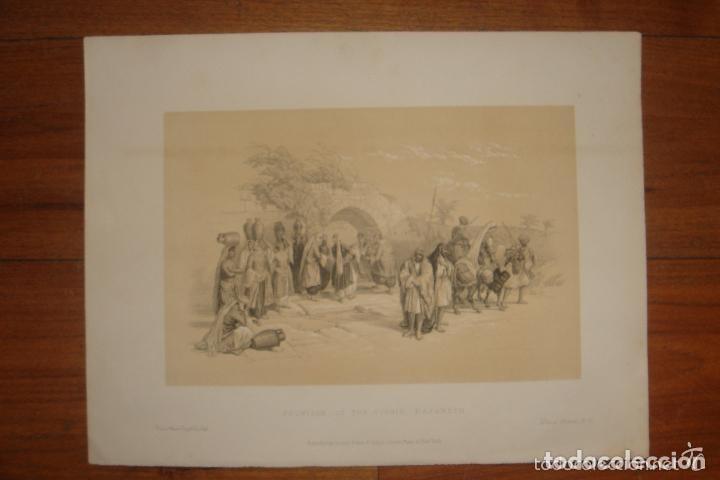 Arte: GRABADO LITOGR&Aacute;FICO DE LA FUENTE DE LA VIRGEN EN NAZARETH, LONDRES, ORIGINAL,1879, DAVID ROBERTS