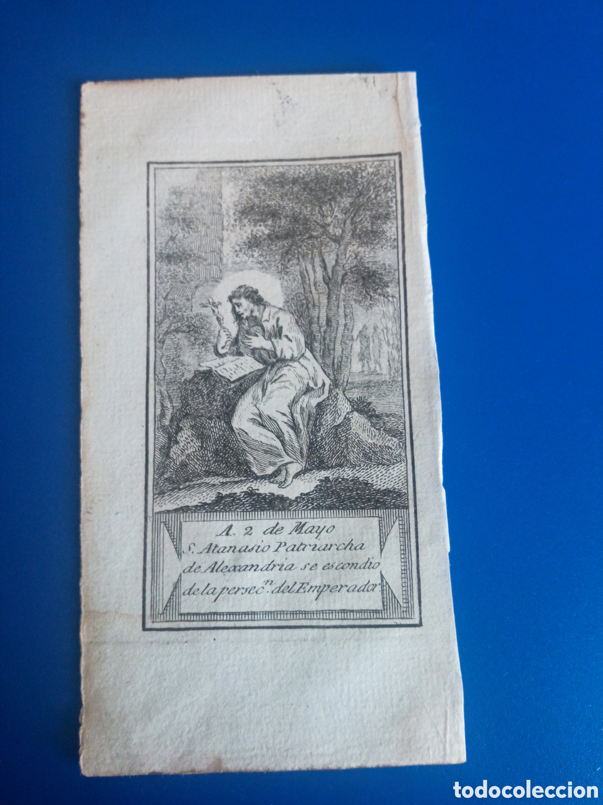 Arte: Antiguo grabado religioso, 2 de Mayo, San Atanasio, mide 13,1x6,8 cm