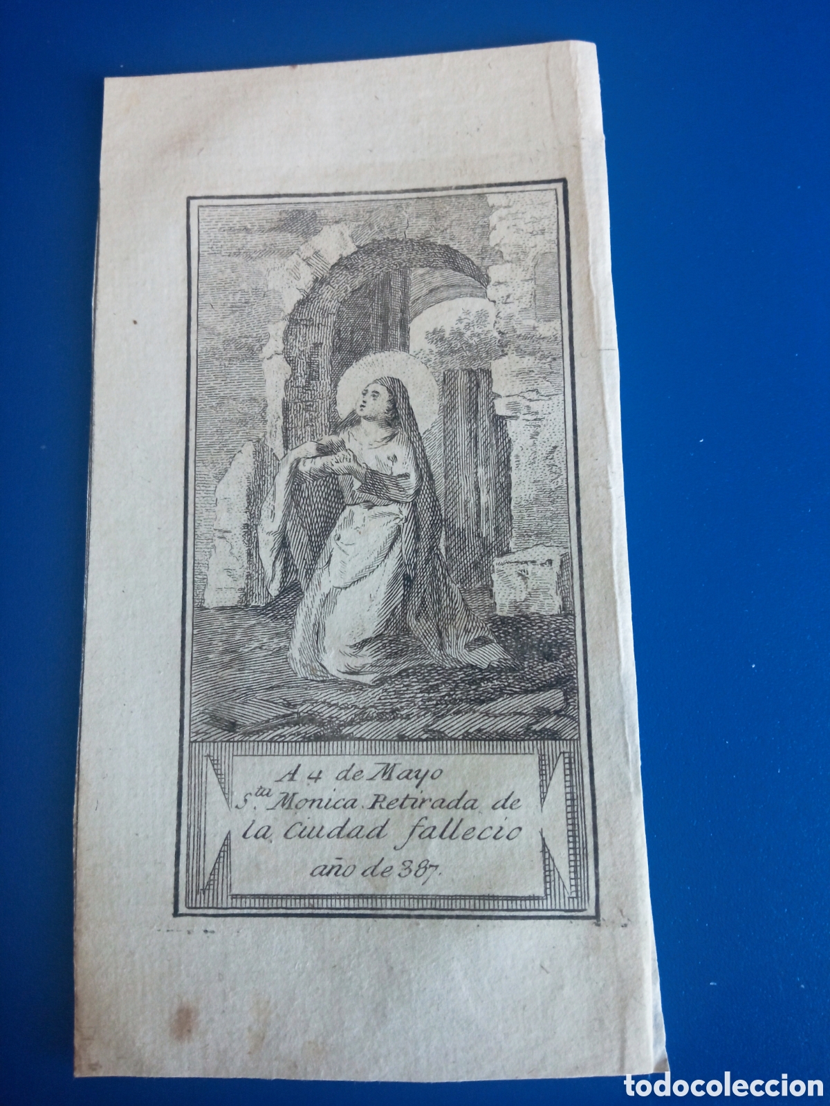 Arte: Antiguo grabado religioso, 4 de Mayo, Santa M&oacute;nica, mide 12,7x6,7 cm