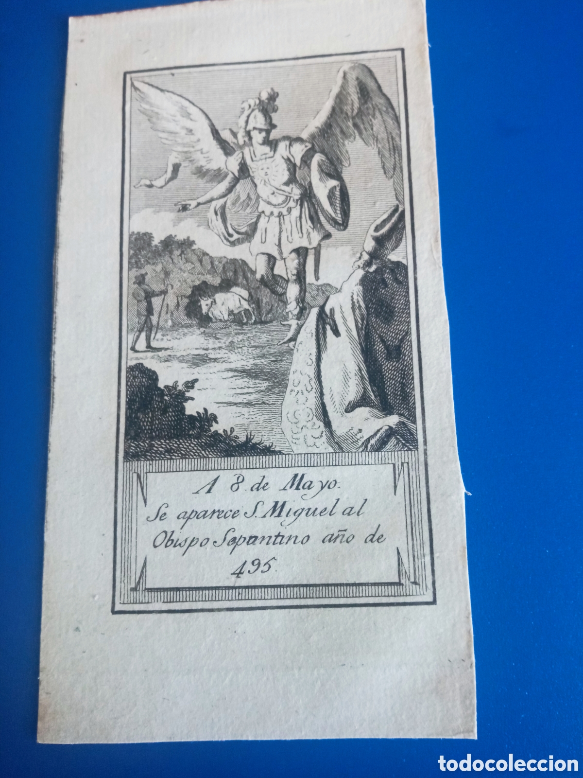 Arte: Antiguo grabado religioso, 8 de Mayo, San Miguel, mide 12,2x6,4 cm