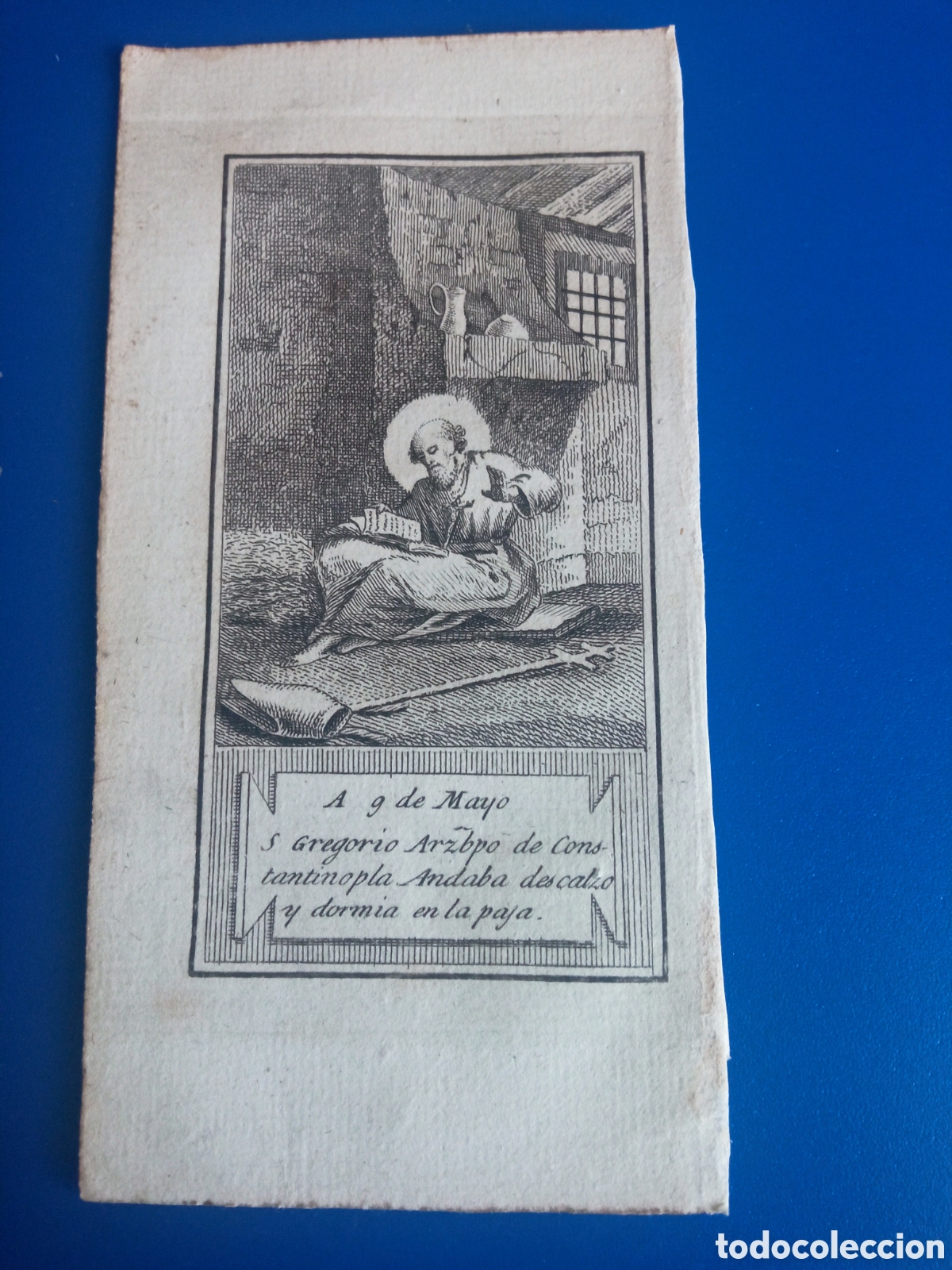 Arte: Antiguo grabado religioso, 9 de Mayo, San Gregorio, mide 13,1x6,7 cm