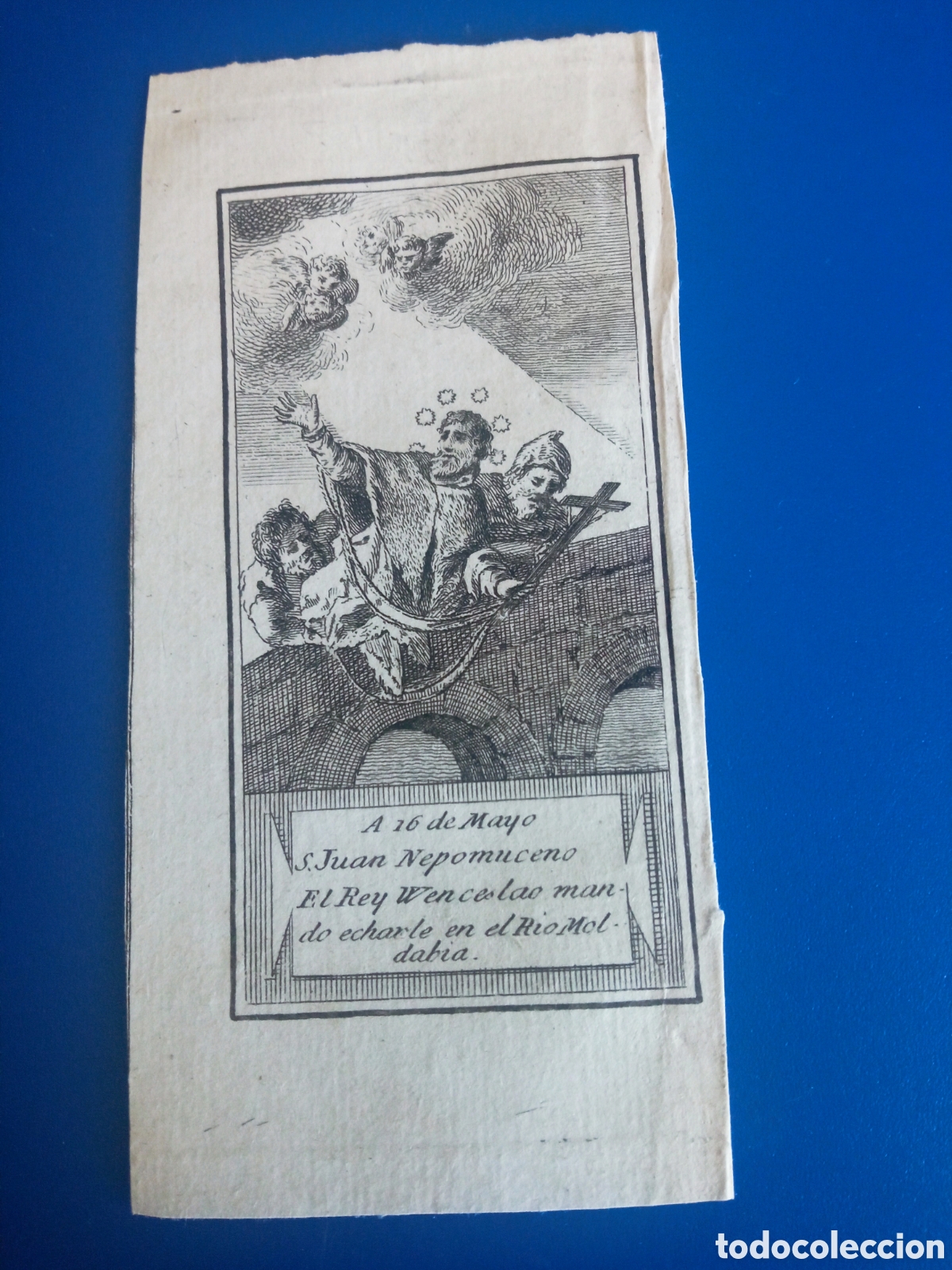 Arte: Antiguo grabado religioso, 16 de Mayo, San Juan Nepomuceno, mide 12,4x6cm