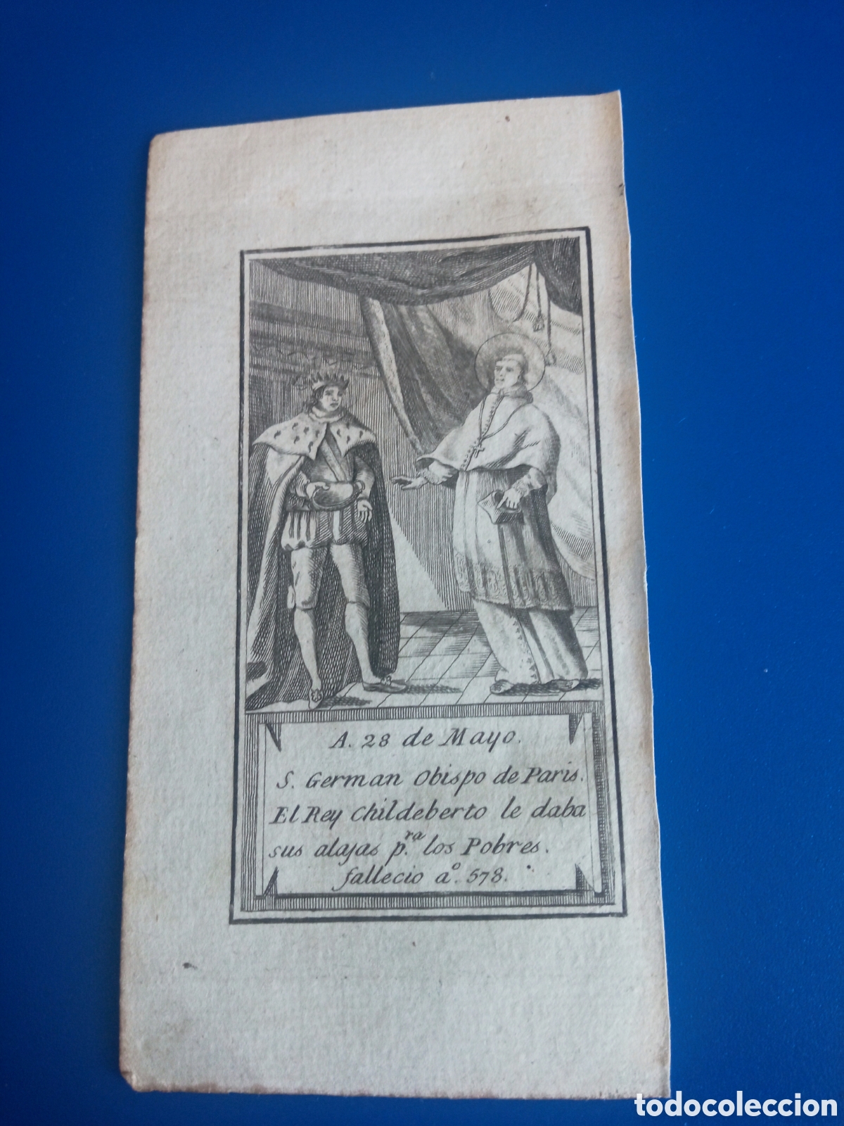 Arte: Antiguo grabado religioso, 28 de Mayo, San Germ&aacute;n, Obispo de Par&iacute;s, mide 13x6,8 cm