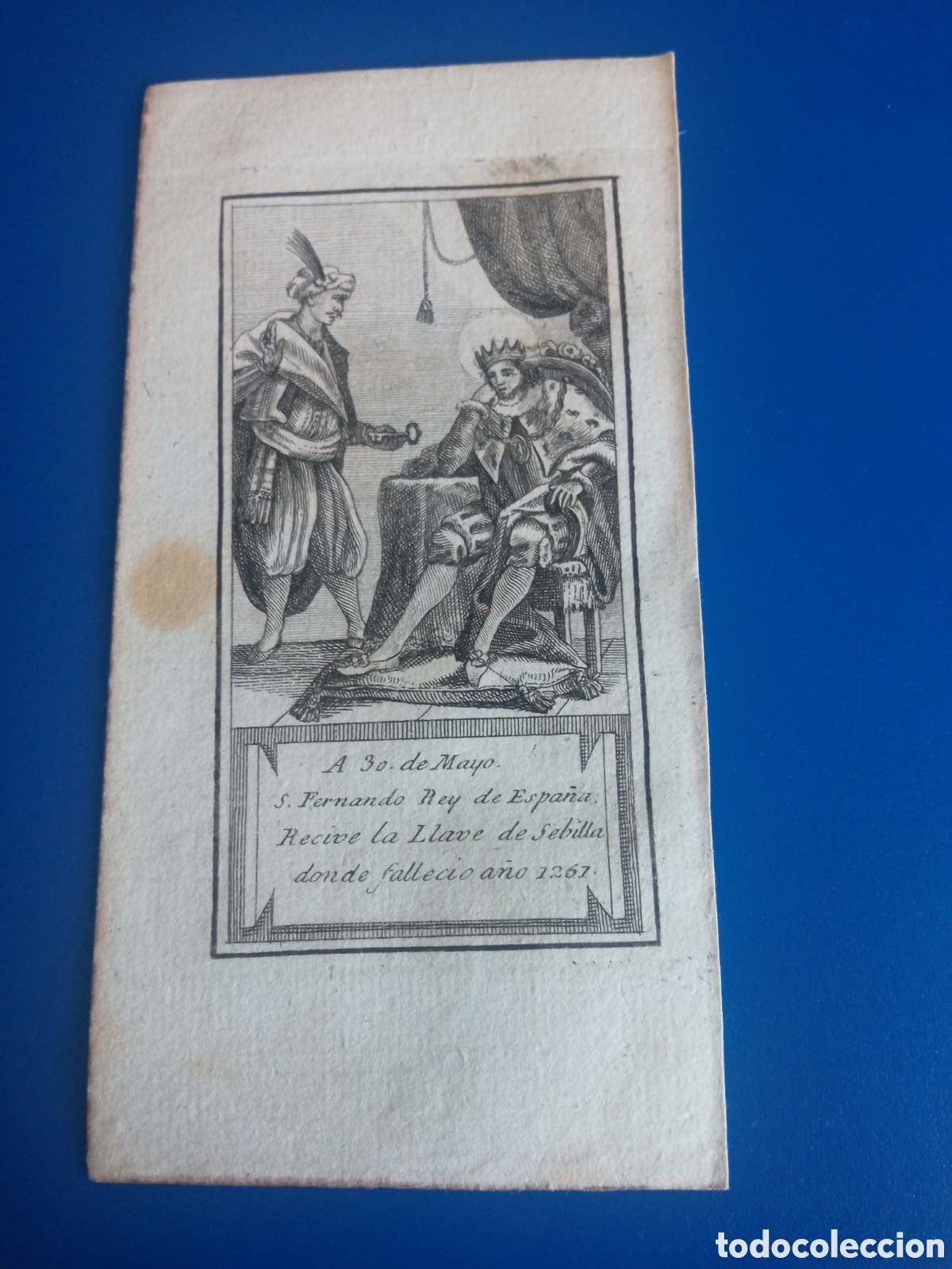 Arte: Antiguo grabado religioso, 30 de Mayo, San Fernando, Rey de Espa&ntilde;a, mide 13,1x6,7 cm