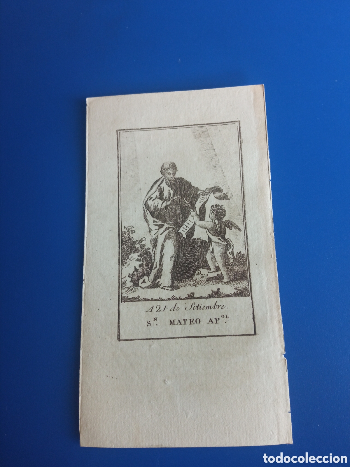 Arte: Antiguo grabado religioso, San Mateo Ap&oacute;stol, mide 12,6x6,9cm